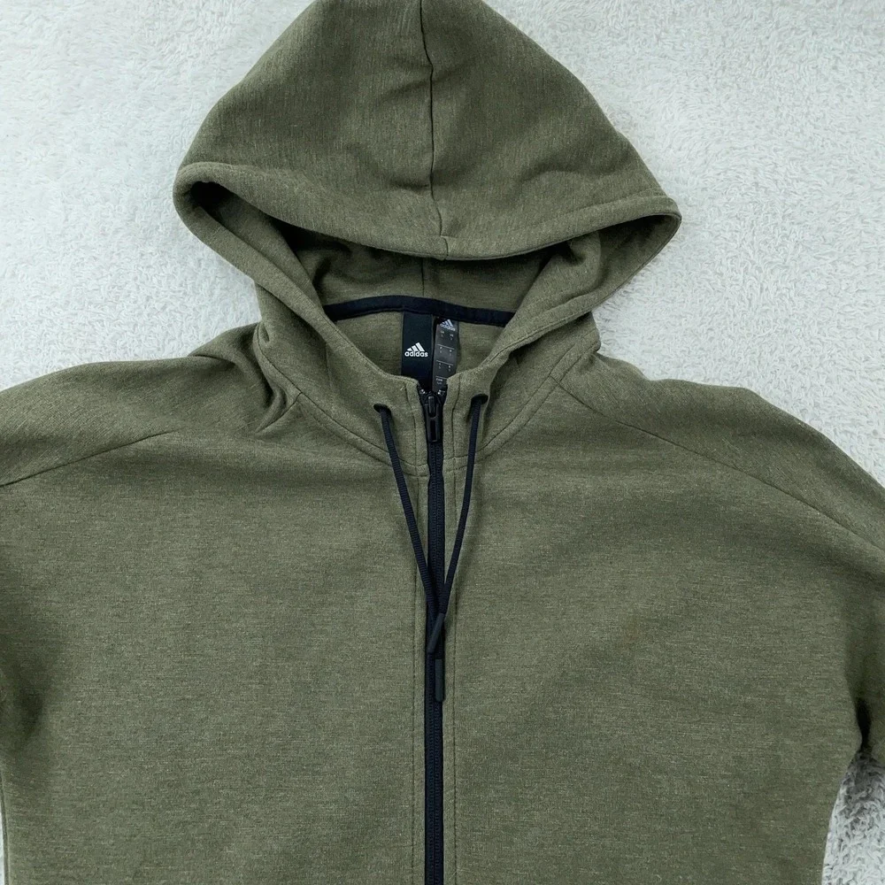 Adidas Hoodie Mens Small Olive Green Full Zip Sweatshirt Drawstring Logo DU1537